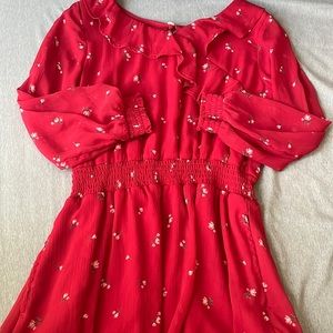 red ruffly flowy floral dress